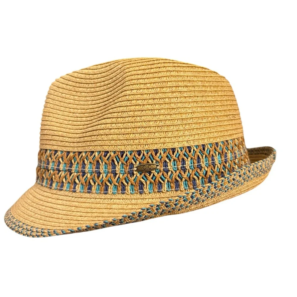 NWOT C.C Straw Fedora Hat Multicolor Woven Band One Size